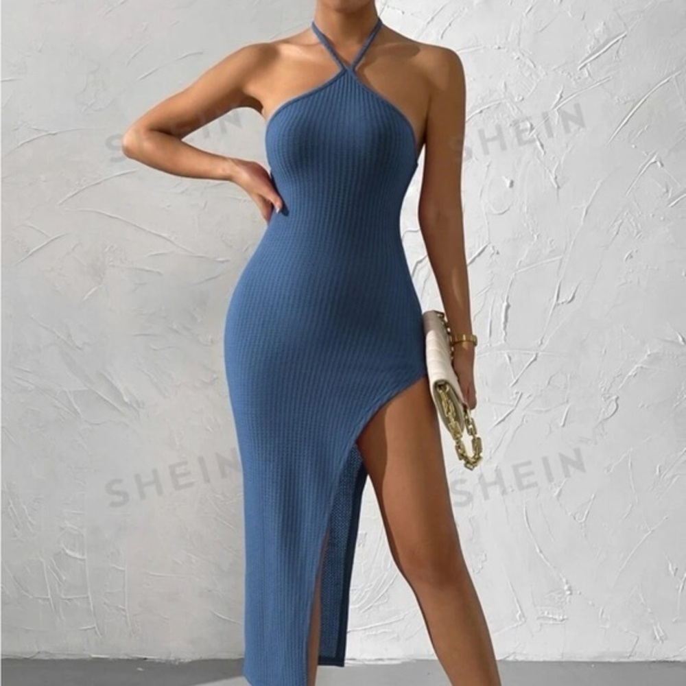 SHEIN Privé Backless Split Thigh Halter Dress